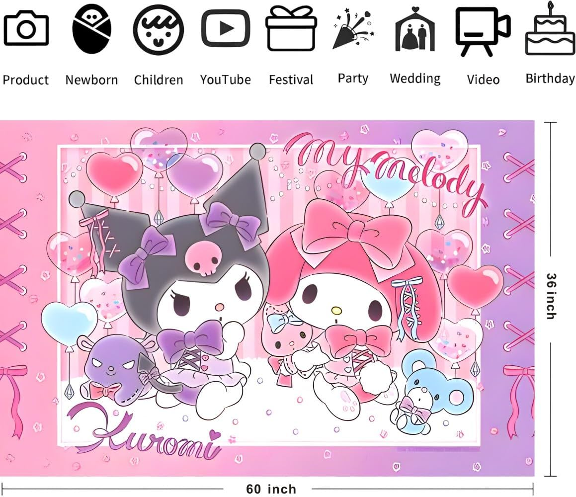 Kawaii and Melody Background Party Supplies, Happy Birthday Banner Backdrop for Kids Party Decorations (5X3Ft)