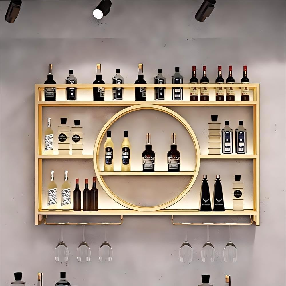 Wall Mounted Wine Rack with Led,3-Tier Metal Wine Bottle Shelf with Goblet Holder, Modern Bar Shelves Bar Liquor Bottle Display Shelf Multifunctional Bottle Rack for Home Bar No Battery (GLD, 100)