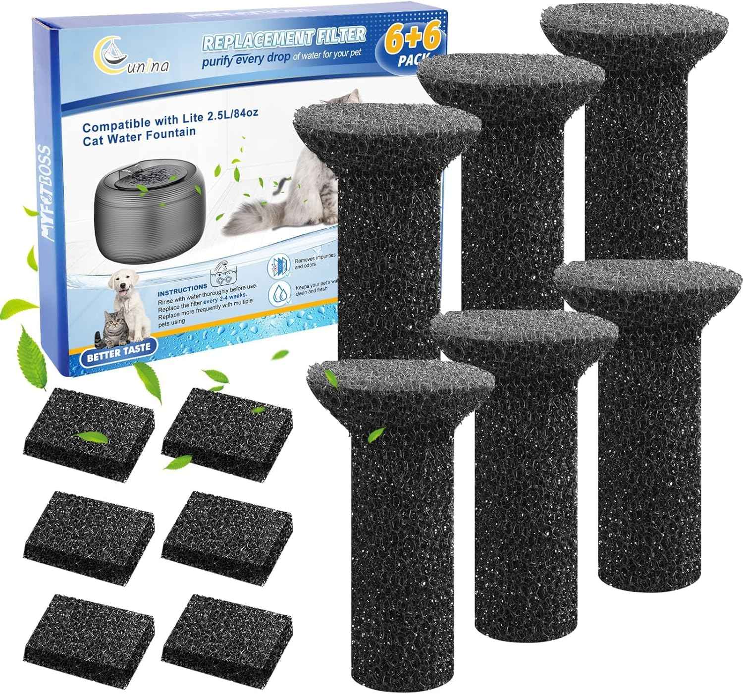 Lite Fountain Replacement Foam Filters and Sponge Mufflers - 6 Sets (Compatible with Lite 2.5L/84Oz Cat Water Fountain)