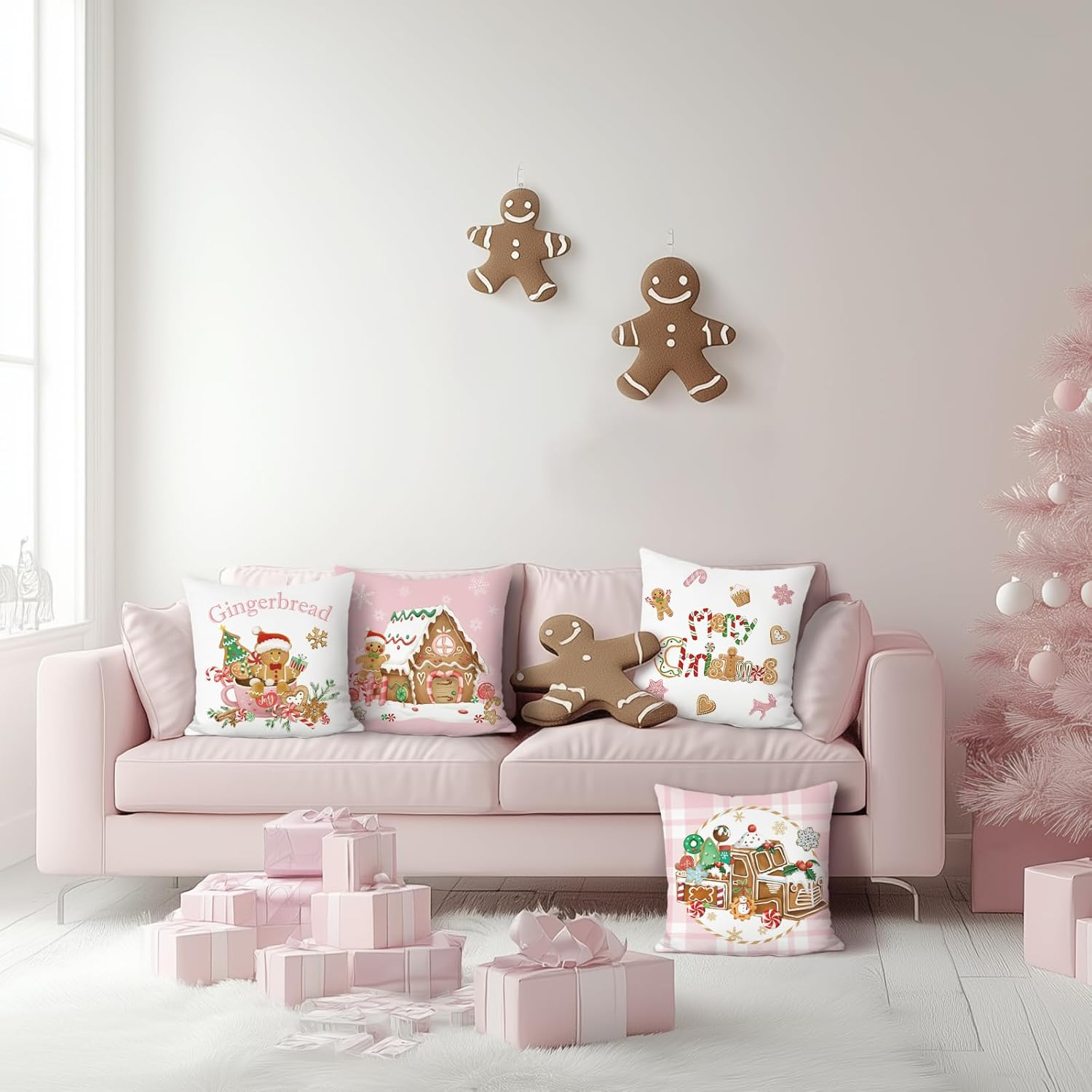 Bonhause Christmas Gingerbread Cushion Covers 45 X 45 Cm Xmas Truck House Hot Cocoa Pink Decorative Throw Pillow Covers for Sofa Bed Home Winter Holiday Decor Set of 4 - Brown image number 6