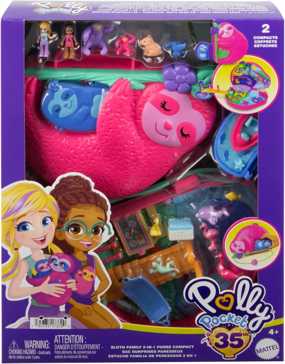 Polly Pocket Playset and Travel Toy with 2 Micro Dolls and 12 Accessories, Animal Toy, Sloth 2-In-1 Purse Compact image number 2
