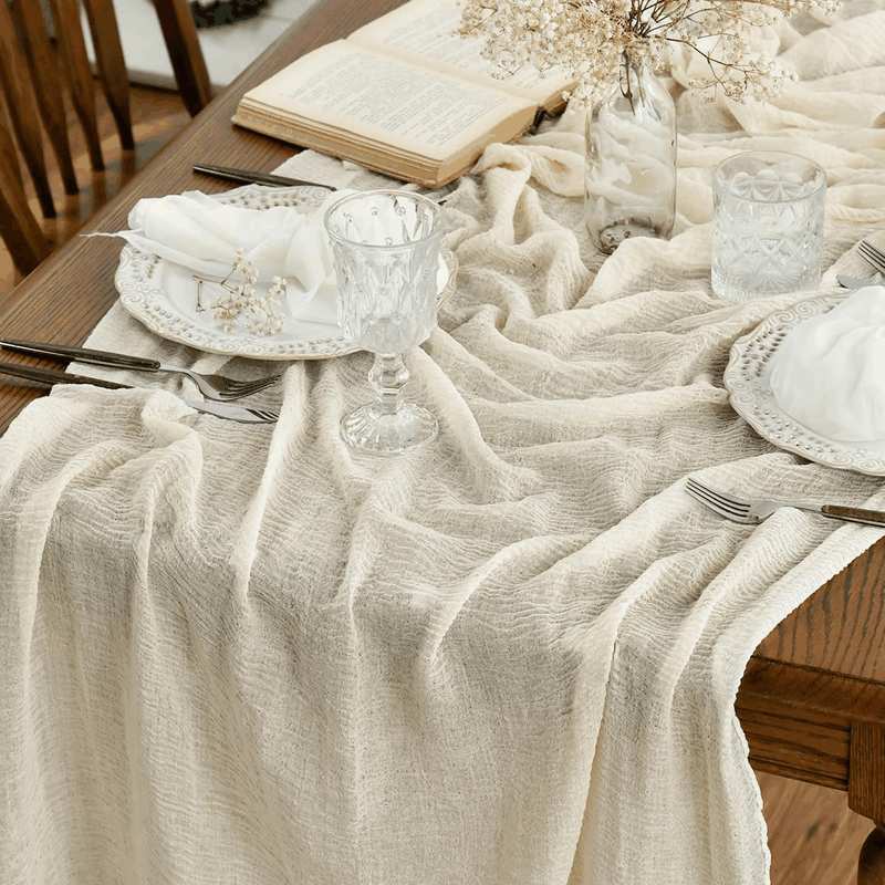 Artoid Mode Verde Foresta Fashion Boho Gauze Cheesecloth Dusty Table Runner, 90 X 300 Cm Seasonal Holiday Kitchen Dining Table Decoration for Indoor Outdoor Home Party Decor