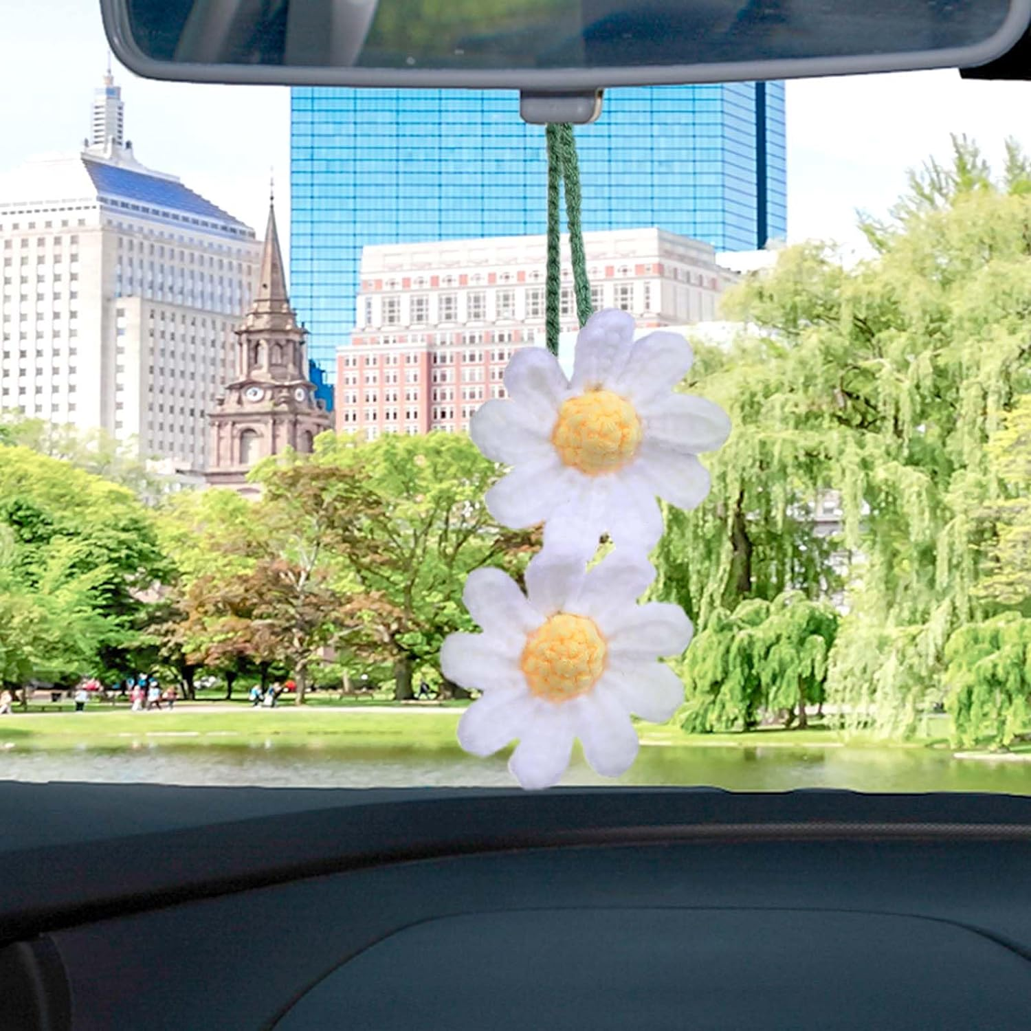 WLLHYF Crochet Daisy Car Pendant Cotton Cute Rear View Mirror Hanging Charms Handmade Knitted Woven Daisy Flower Tassel Car Accessories Automotive Interior Aesthetic (White) image number 1