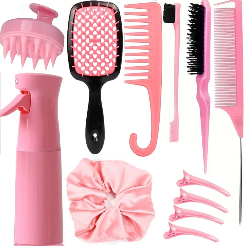 12 Pcs Hair Brush Set with Continuous Hair Spray Bottle for Women, Rat Tail Combs for Toddlers, Soft Scalp Massager, Detangling Hairbrush for Wet Dry Curly Hair (Purple)