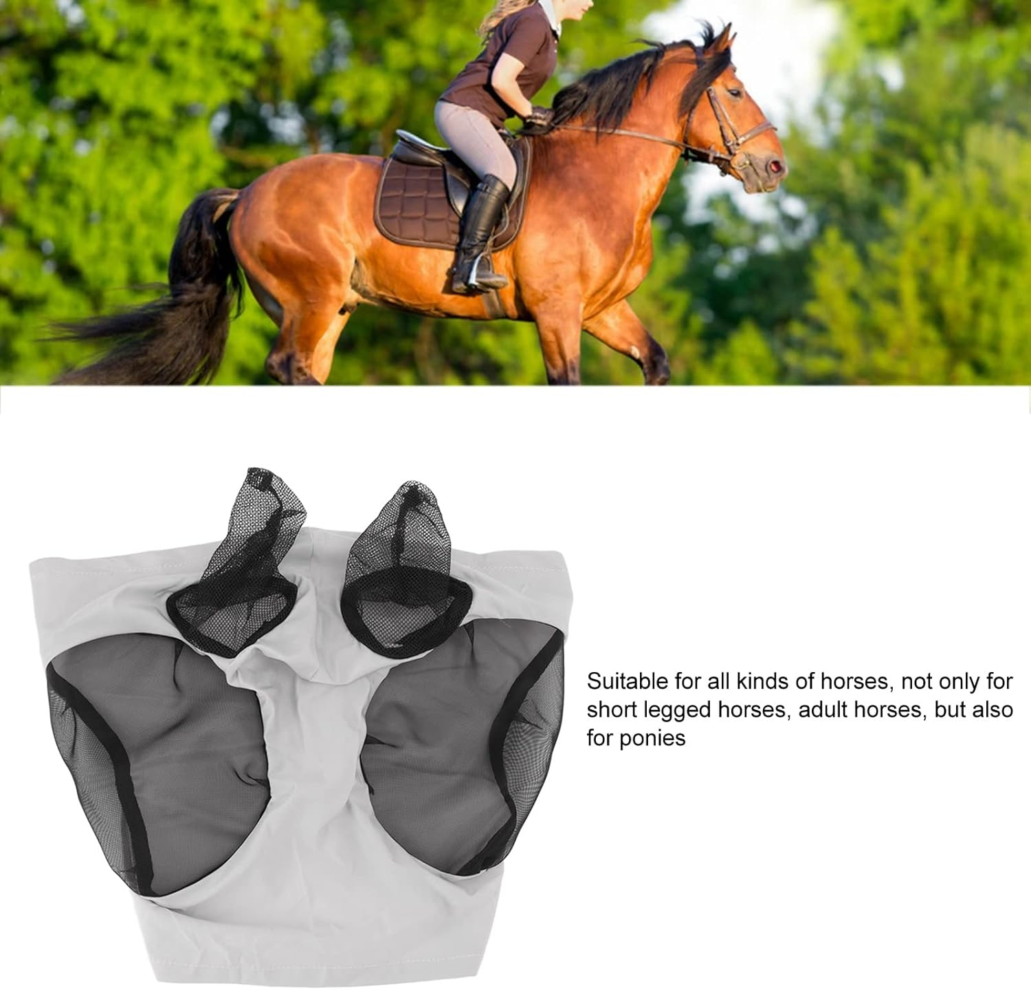 Breathable Horse Mesh Fly Mask with Ears, Elastic Equestrian Face Mask for Horses, Sunlight Protection & Fly Protector (Gray) image number 1