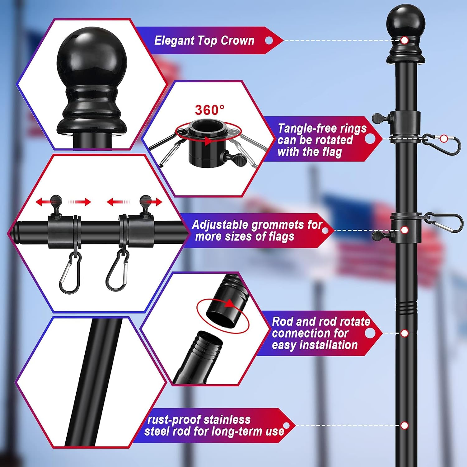 FLY HAWK 6 FT Flag Pole, Suitable for 2X3, 3X5, 4X6 Flag Black Heavy Garden Flagpole Hand-Cranked Flagpole, Household or Commercial Outdoor Wall-Mounted Flagpole, Stainless Steel Anti-Rust, Outdoor F image number 1