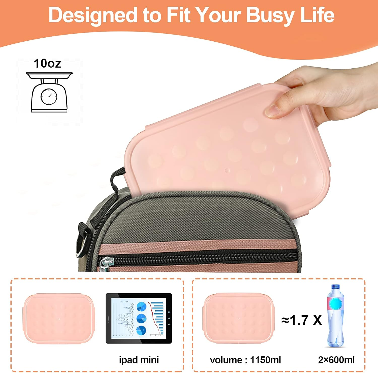 Jeopace Bento Box for Adults, 3 Compartments, Leakproof, Microwave Safe, BPA Free, Orange image number 5