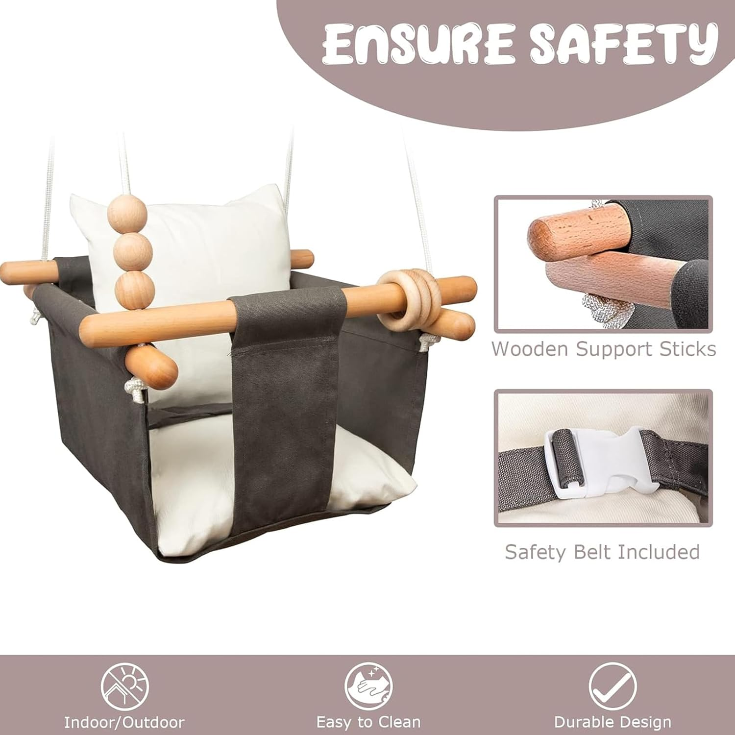 Baby Swing Seat, Visuivit Durable Canvas Hanging Swing for Outdoor/Indoor Use with Canvas Cushion & Safety Belt, Swing Sets for Baby Hammock Toy Backyard (White & Grey) image number 3