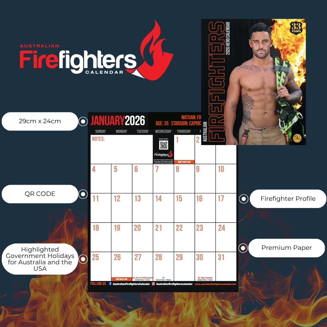 Australian Firefighters Calendar 2026 &ndash; Sexy Firefighters &ndash; Charity Support, Wall Calendar, Ideal Gift, Firefighter Fans image number 4