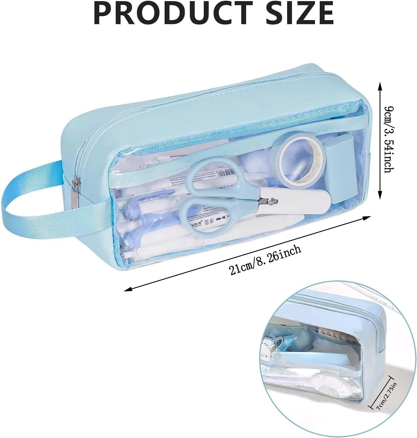 2 Pcs Large Capacity Pencil Case, Waterproof PVC Zippered Toiletries Storage Pouch, Cosmetic Makeup Storage Bag, Clear Pencil Case for Girls Boys, Home, School, Office (Blue) image number 3