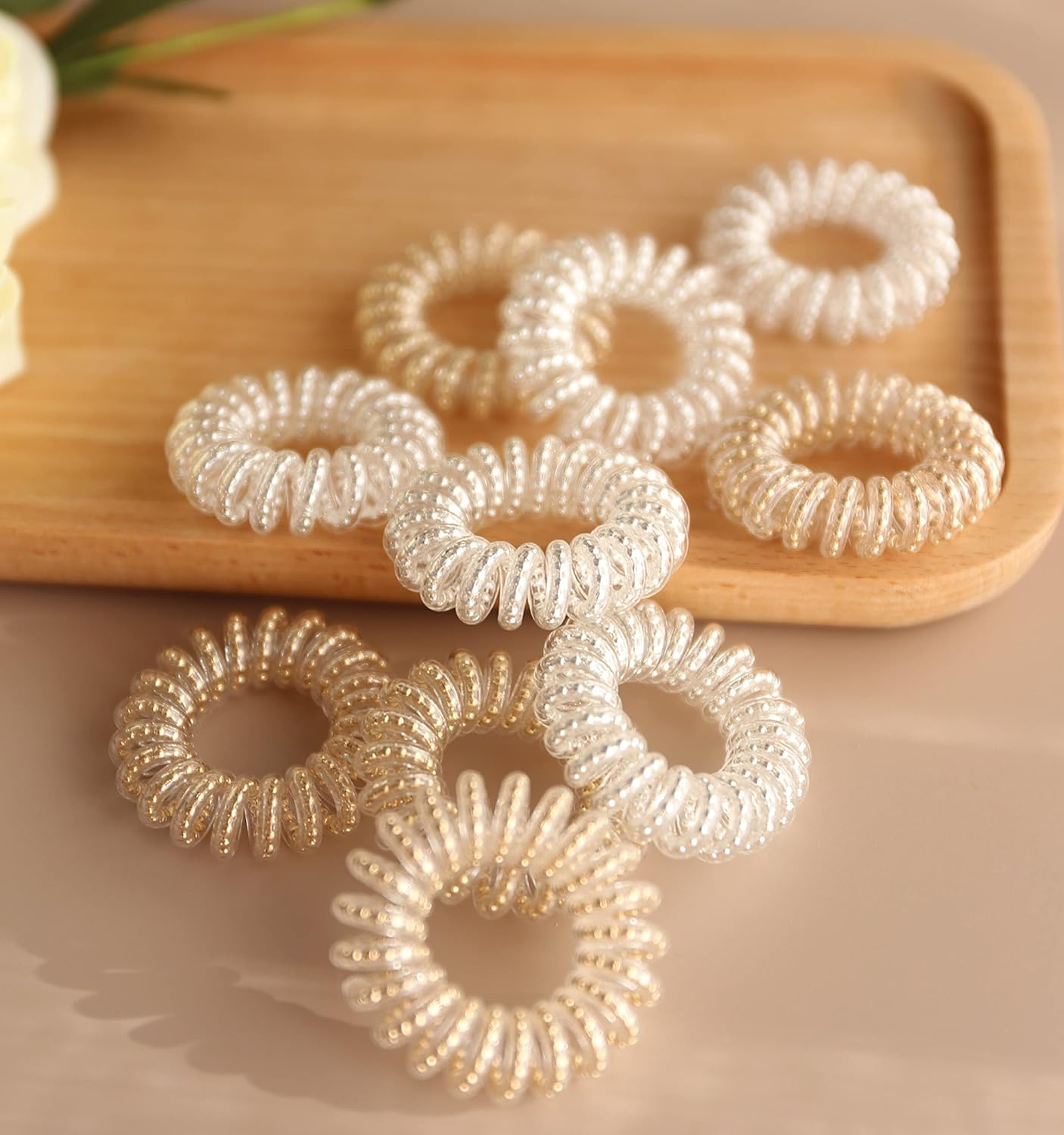 Spiral Hair Ties,Pcoils Hair Ties,Phone Cord Hair Bands,Yoozi No Damage Crease Plastic Ponytail Holder Hair Coil Headband for Woman/Girl,10 Pcs (Silk+Gold(Beaded Version)) image number 3