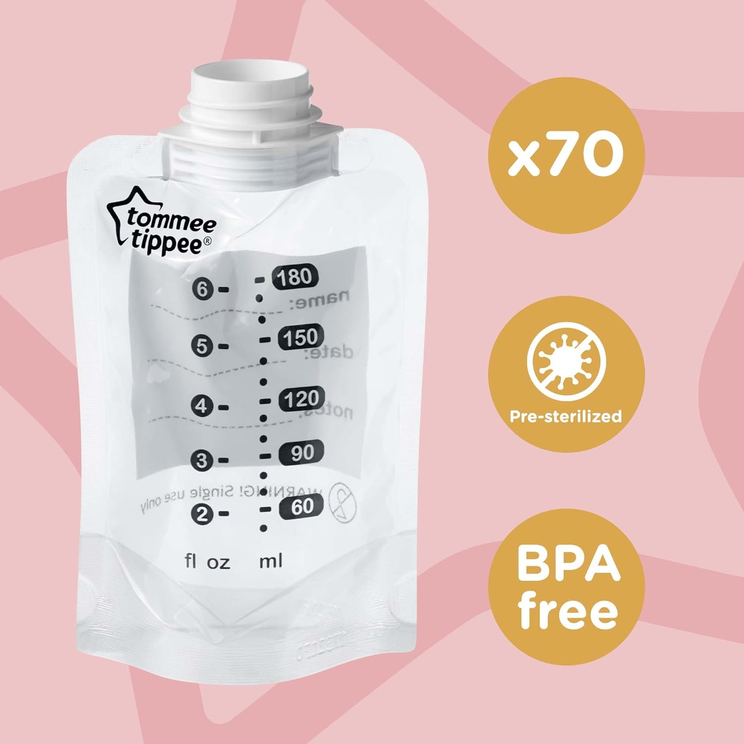 Tommee Tippee Breast Milk Pouches (70 Count) Compatible with All Leading Breast Pumps and Bottle Nipples, Bpa-Free image number 2