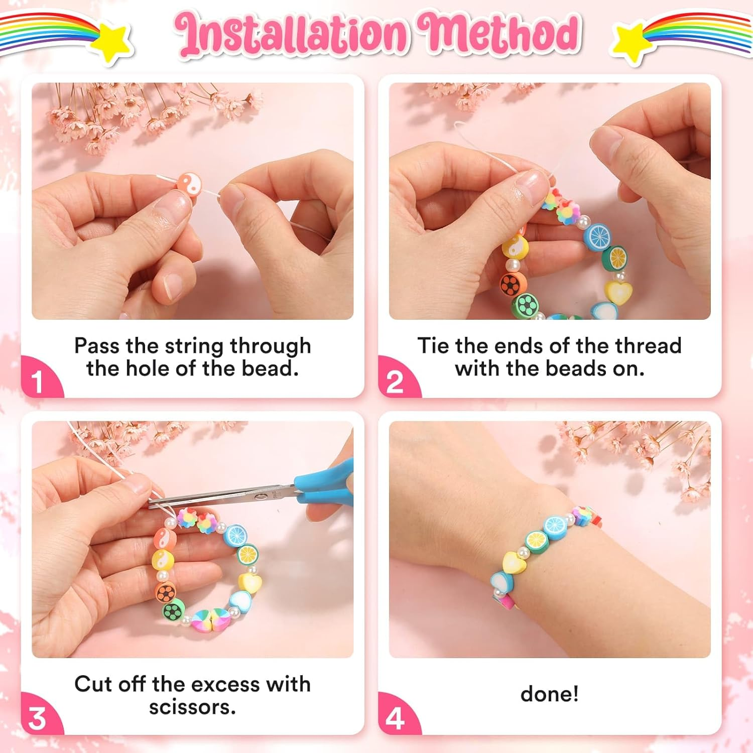 Thrilez 480 Pcs Fruit Flower Polymer Clay Beads, 24 Styles Clay Bead Charms for Bracelets Making, Jewelry Making, Necklace and Earring with Elastic String image number 6