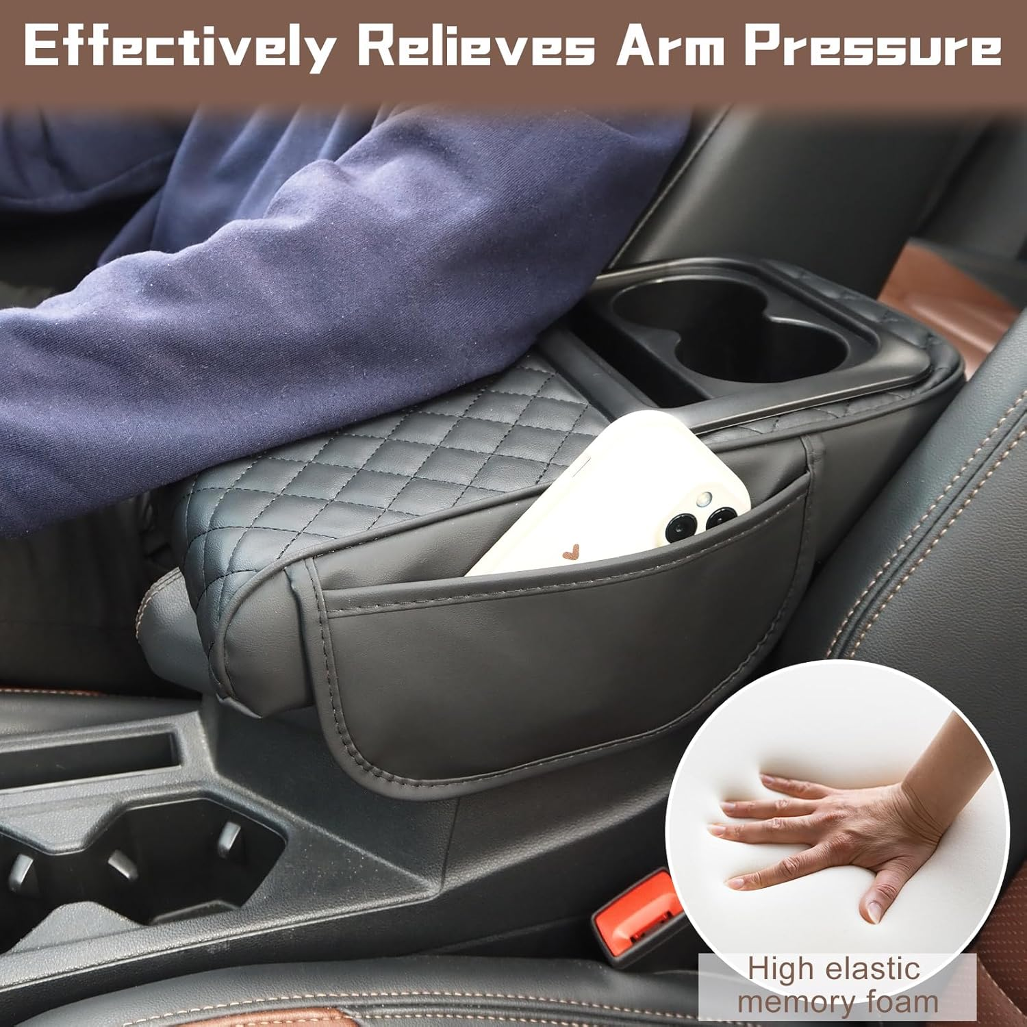 Car Leather Armrest Cover Center Console Cushion, Universal Memory Foam Armrest Pillow with Organizer, Anti-Scratch Arm Rest Protector Pad Accessories for Car, Suvs (Black with Cup Holder) image number 6