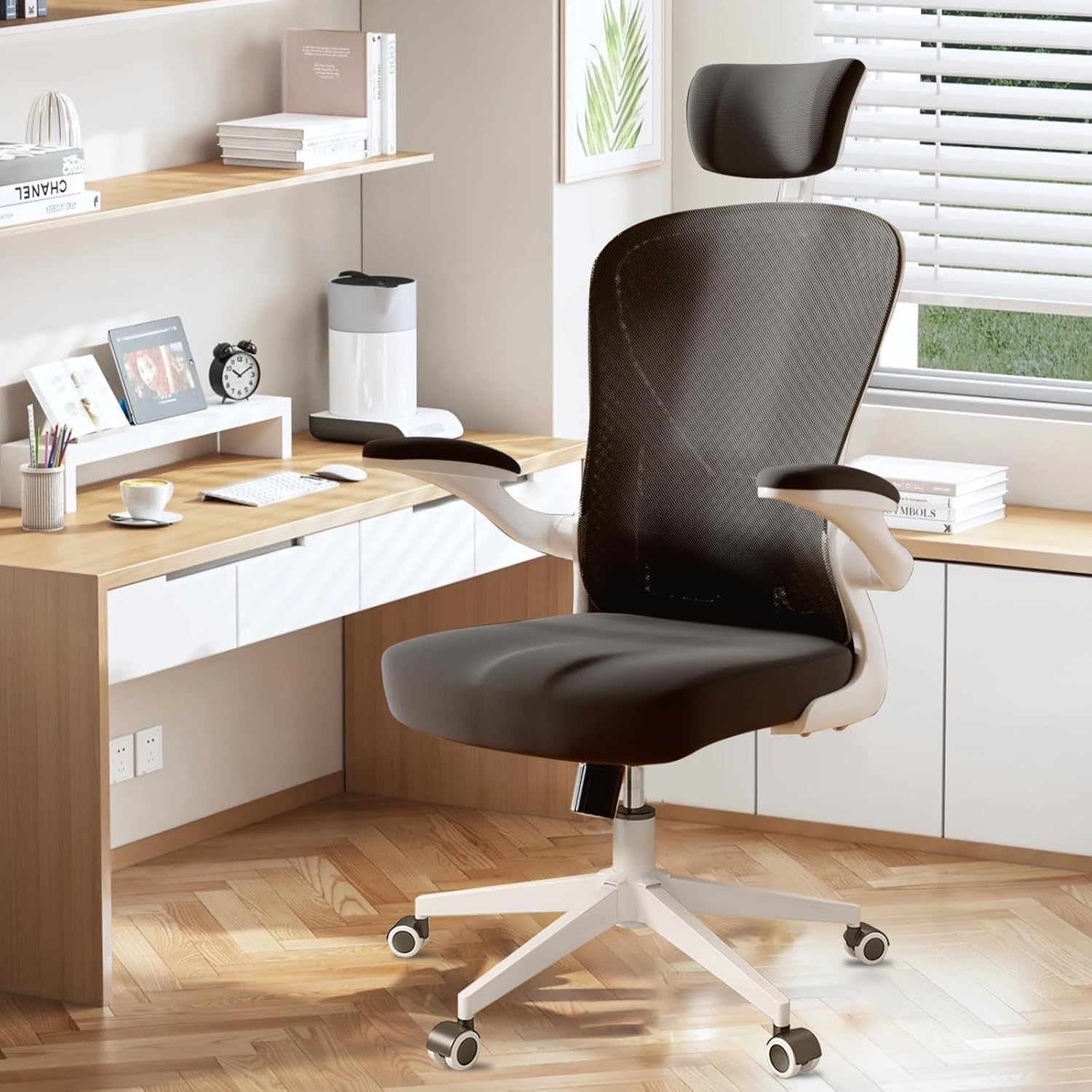 Computer Chair, Ergonomic Office Chair with Flip-Armrest & Cushion for Lumbar Support, Home Office Desk Chairs with Wheels, Adjustable Office Chairs for Study and Work (White Black) image number 4