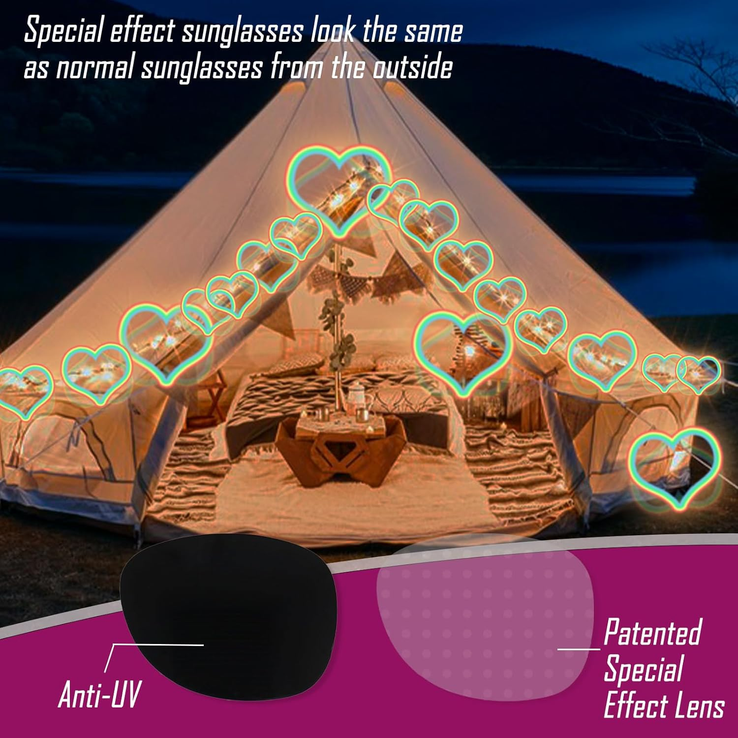 3Pcs Diffraction Glasses, 3D Heart Star Firework Rave Glasses, Party Sunglasses for Fancy Dress Music Concert Club Party Accessories image number 5