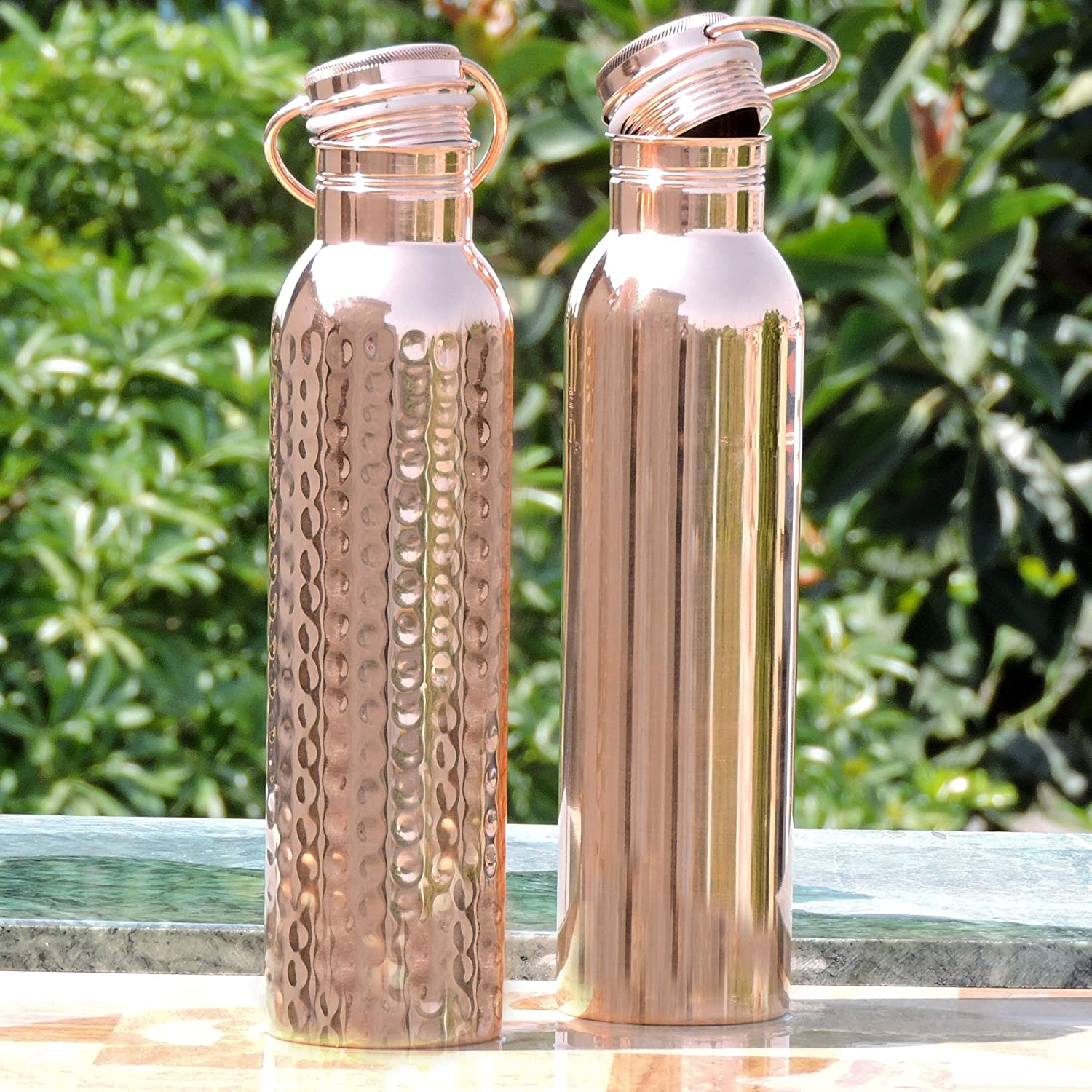 Healthgoodsau - Set of Hammered and Plain Copper Water Bottle with Handle | Leak-Proof Seamless Water Bottle Set 600 Ml (20.28 Fluid Ounce)