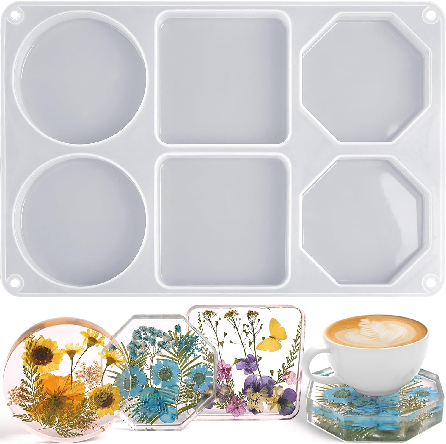 Actvty round Coaster Resin Molds, 6 Cavity Coaster Silicone Molds for Epoxy Resin, Deep Coaster Molds for Flower Bouquet Preservation, DIY Custom Coasters, Resin Craft - 3 Shapes Coaster Molds image number 0