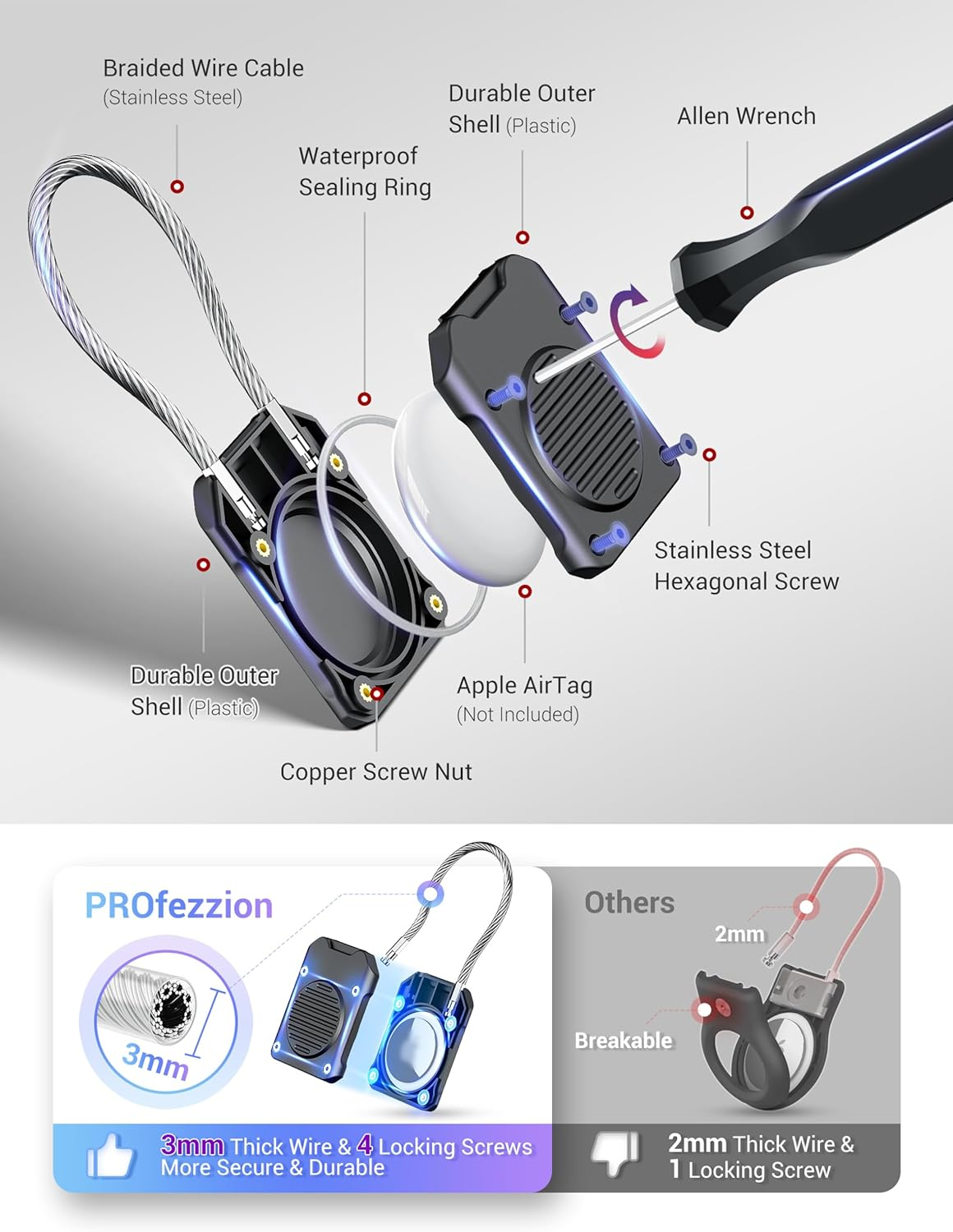 Profezzion Secure Airtag Holder with Metal Wire Cable for Luggage, IPX8 Waterproof Hard Shell Hidden Air Tag Case with Allen Key Locking System for Travel Suitcase, Backpacks, Keys, Pets & More - 4Pcs Black image number 4