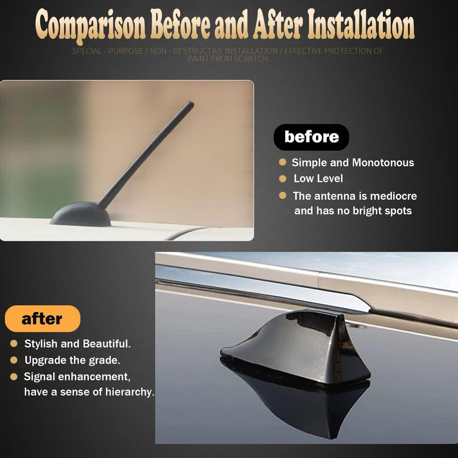 Universal Car Aerials Shark Fin Antenna Cover Car Trim AM/FM Signal Design Roof Antenna with Aerial Adhesive Base for Car SUV Truck Van (Black) image number 2