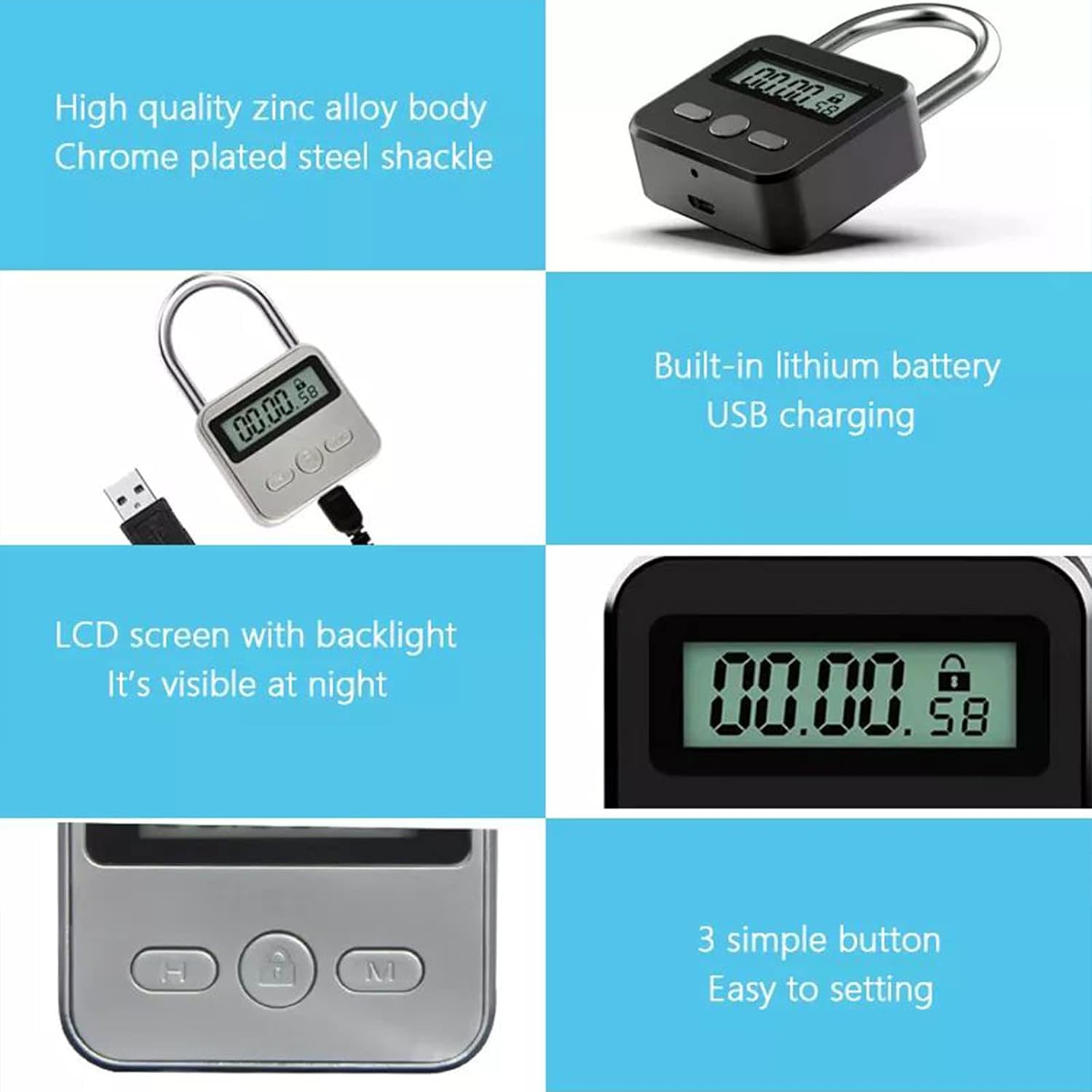 Combination Lock,Metal Timer Lock,Usb Rechargeable Time Timer Padlock with 1M Spring Rope,99 Hours Max Timing Self-Discipline Anti-Addiction Timed Padlock (Black)