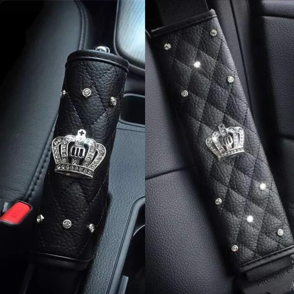 Leather Car Seat Belt Cover Shoulder Seatbelt Pad Handbrake Cover Gear Shift Cover with Bling Rhinestones Crown Car Accessories(4 Pcs) image number 6