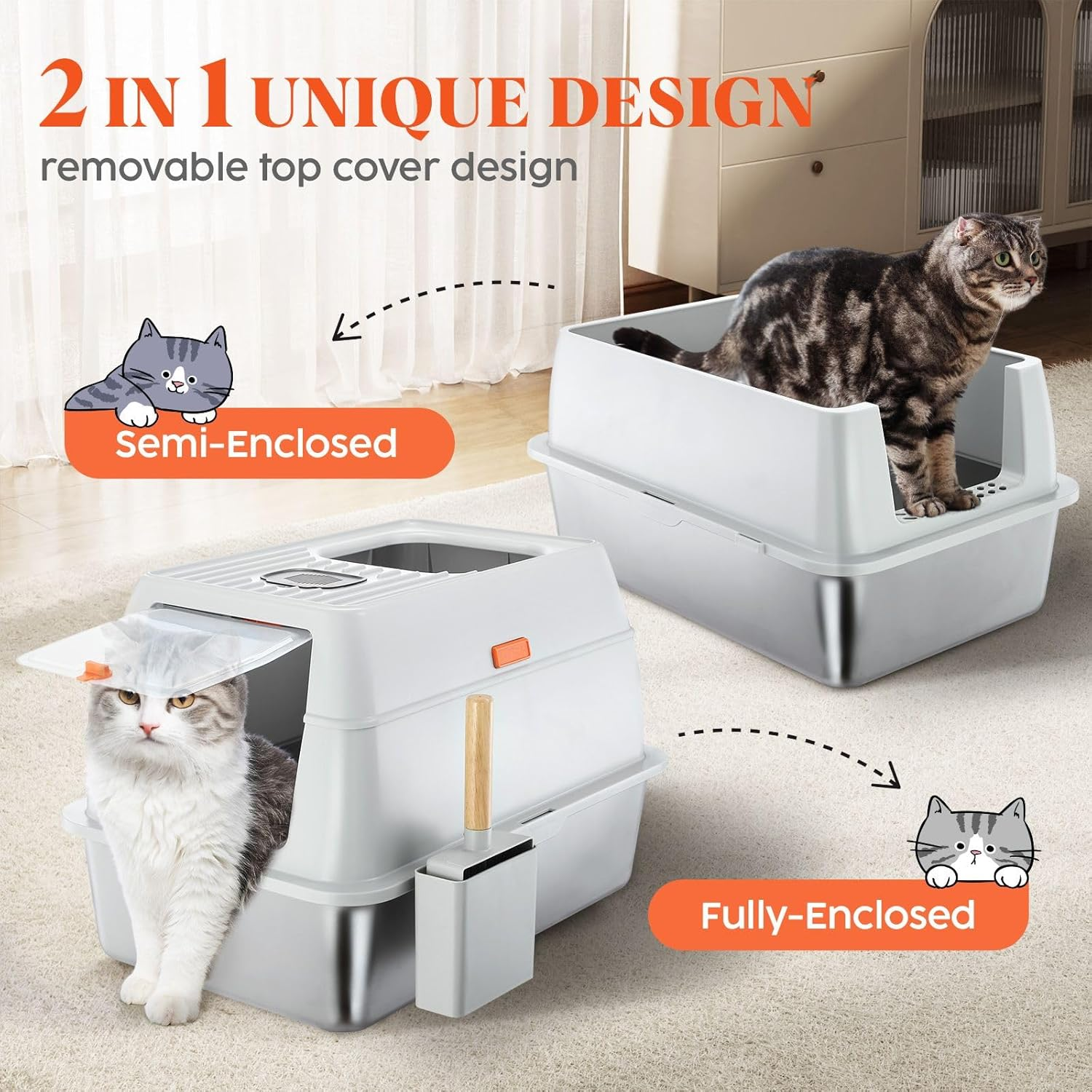 Pet Scene 2In1 Cat Litter Box Cat Enclosed Potty Pan Semi Covered Toilet Modular Tray High Sided Furniture, with ABS Lid Carbon Filters
