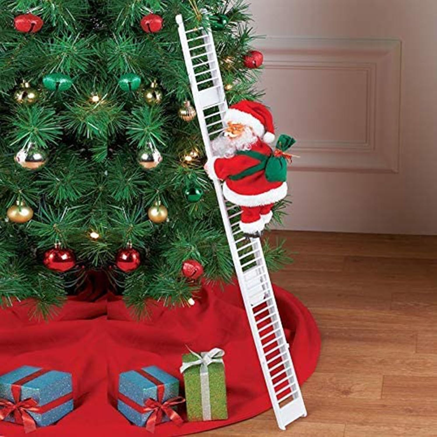 Electric Santa Climbing Ladder to Tree, Climbing up and down Santa Claus on Ladder with Music and Bag of Presents Tree Holiday Party Home Door Wall Decoration Xmas Ornament image number 5