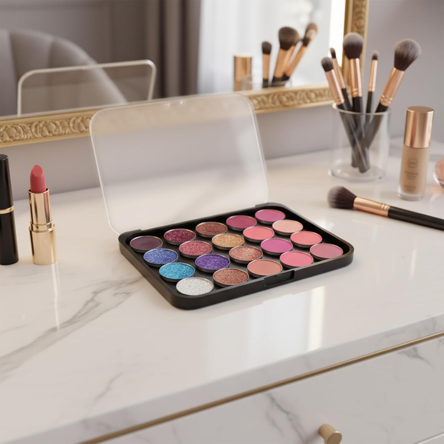 Magnetic Makeup Palette, Empty Eyeshadow Blush Highlighter Cosmetics Case Holder Tray (Black (Matte Clear Lid), 14X10Cm - Palette Only)" image number 3