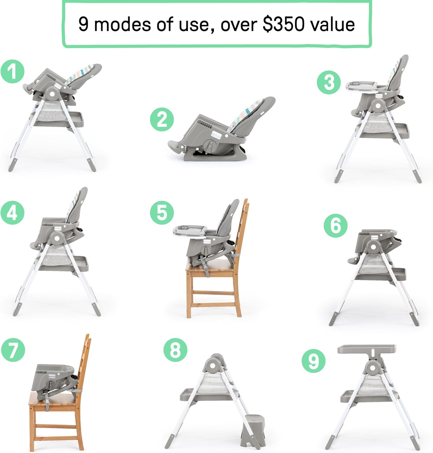 Ingenuity Proper Positioner Create up Baby High Chair, 9 Modes of Use, Toddler Tower, Table and Chair, Foldable, Adjustable Footrest, 90 Degree Posture Aids Digestion, Ages 0-5 Years - Soulful Skies image number 6