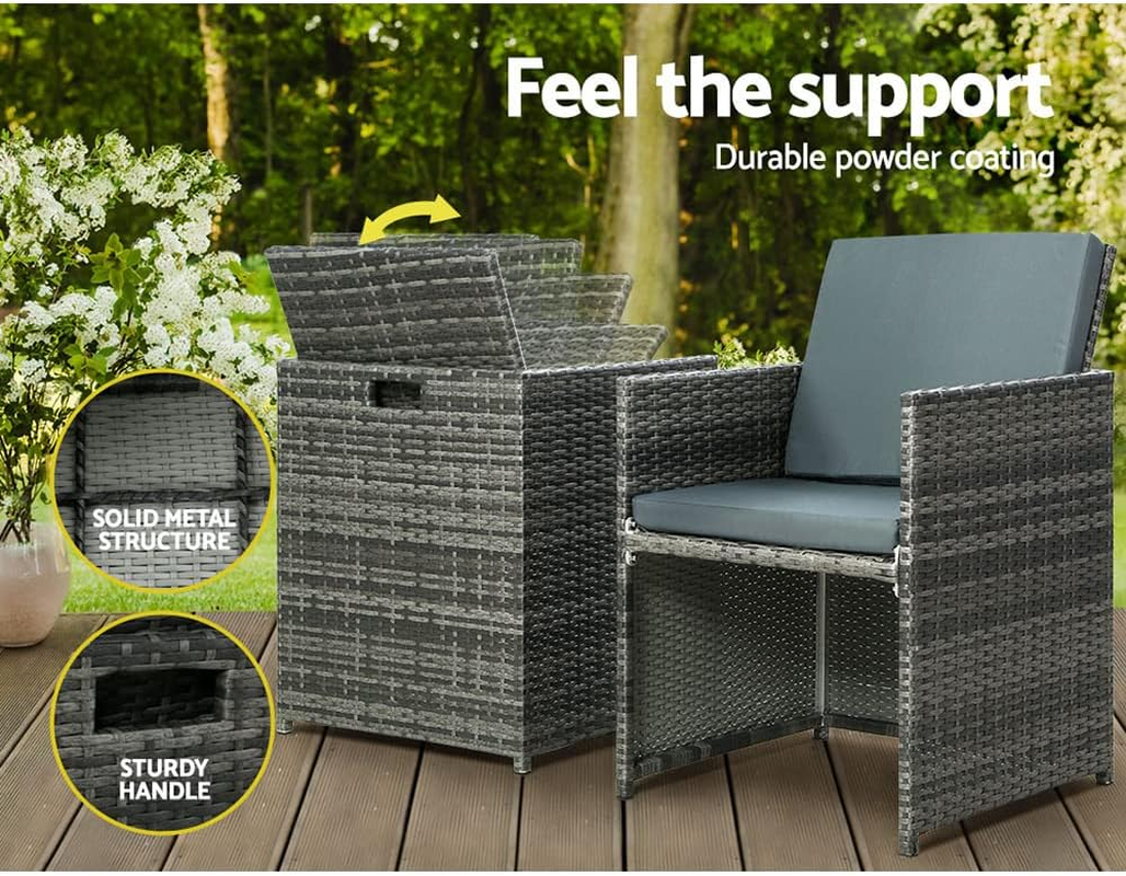 Gardeon Outdoor Lounge Setting 3Pcs Wicker Table and Chairs Bistro Set, Garden Furniture Patio Sofa Recliner Chair Rattan, with Ottoman Cushion Grey of 5 image number 2