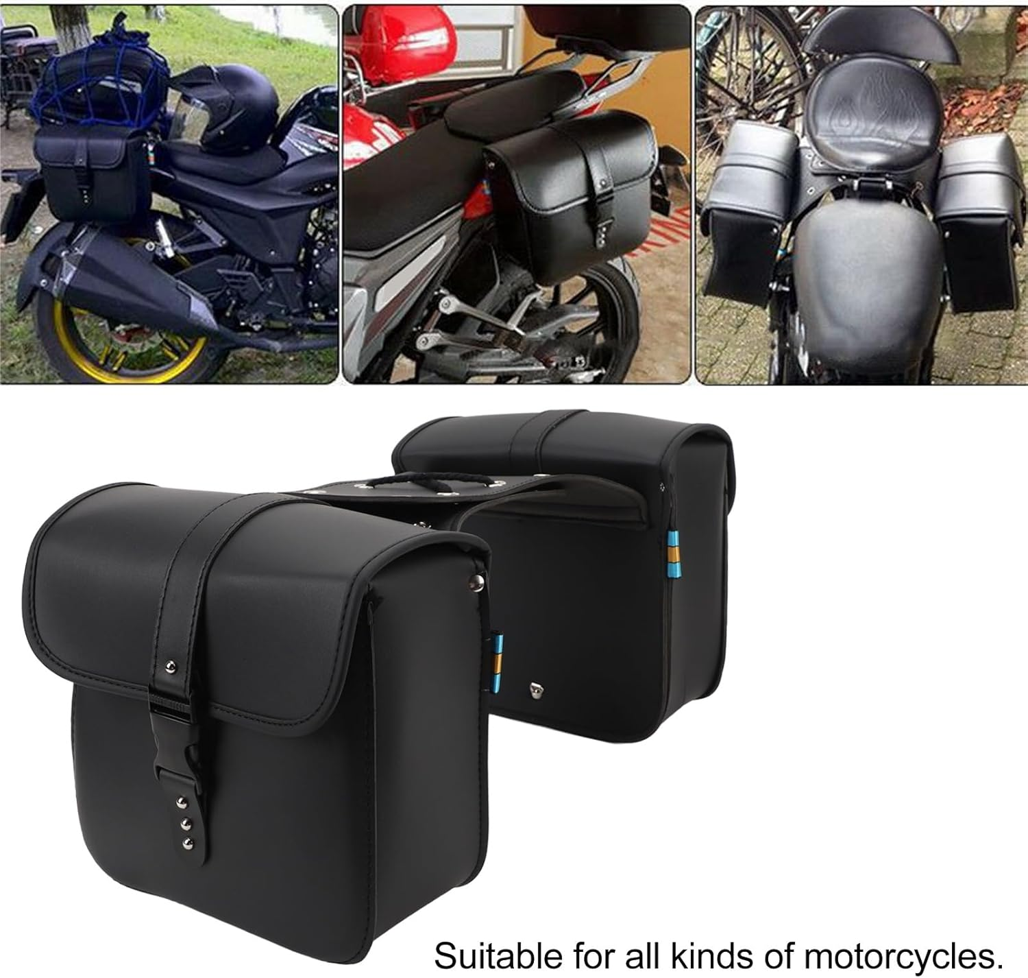 Motorcycle Saddlebags, High Capacity with Rope, Waterproof PU Leather Saddle Bags 1 Pair, Universal Motorbike Side Bag, Easy Installation, Black image number 4