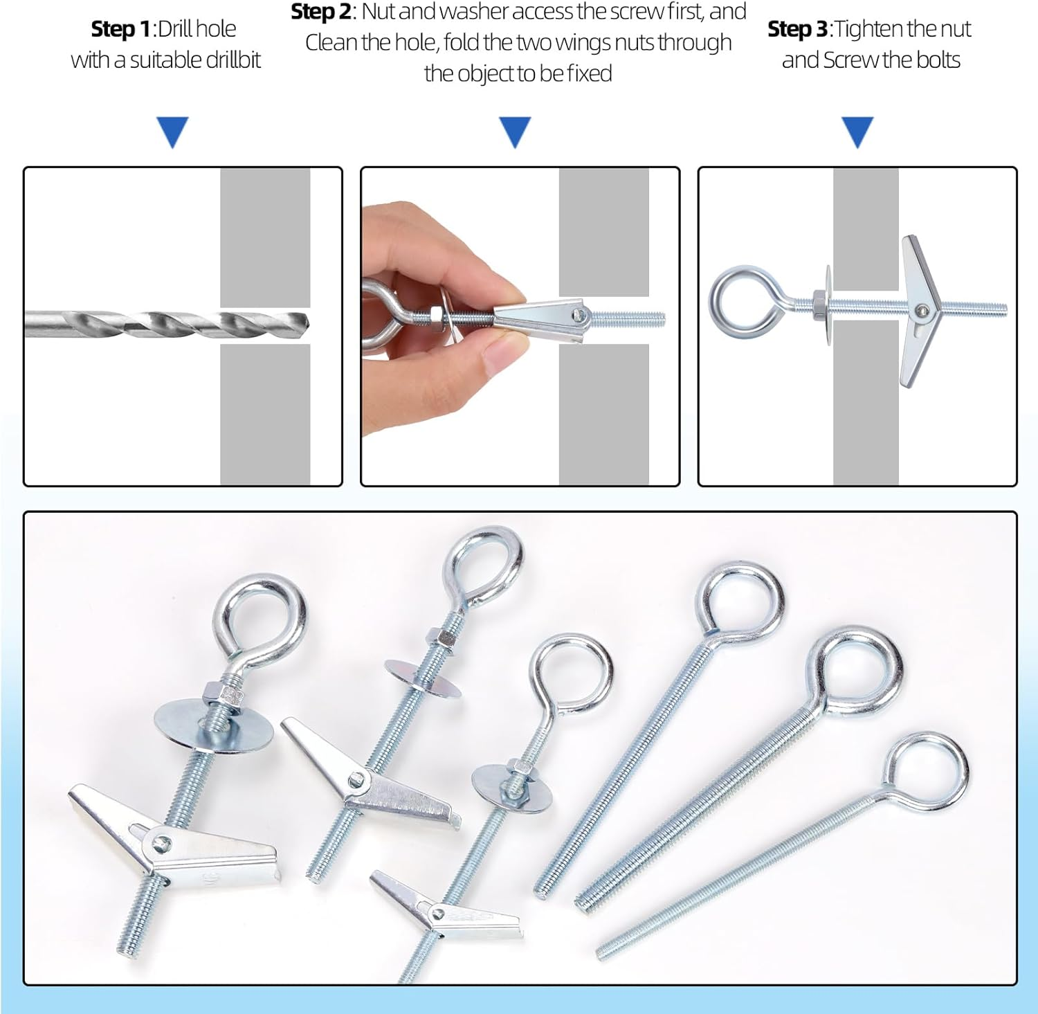 Glarks 18Pcs M4 M5 M6 O-Shaped Eye Bolt Toggle Anchors Set for Drywall, Toggle Bolts, Butterfly Anchors, Spring Toggle Wing Bolts for Ceiling, Sheetrock, Hollow Wall image number 6
