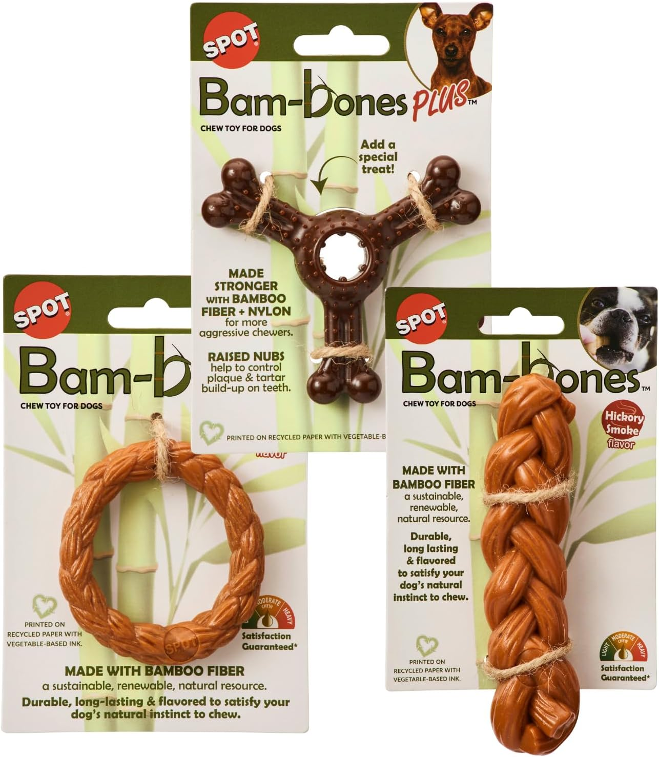 SPOT by Ethical Products - Bambone Braided Stick, Ring, Triple Chew Toy, Hickory and Bison Flavored Dog Toys Holiday Shopping for Bone Gifts for Aggressive Chewers Small (3Pack) Brown