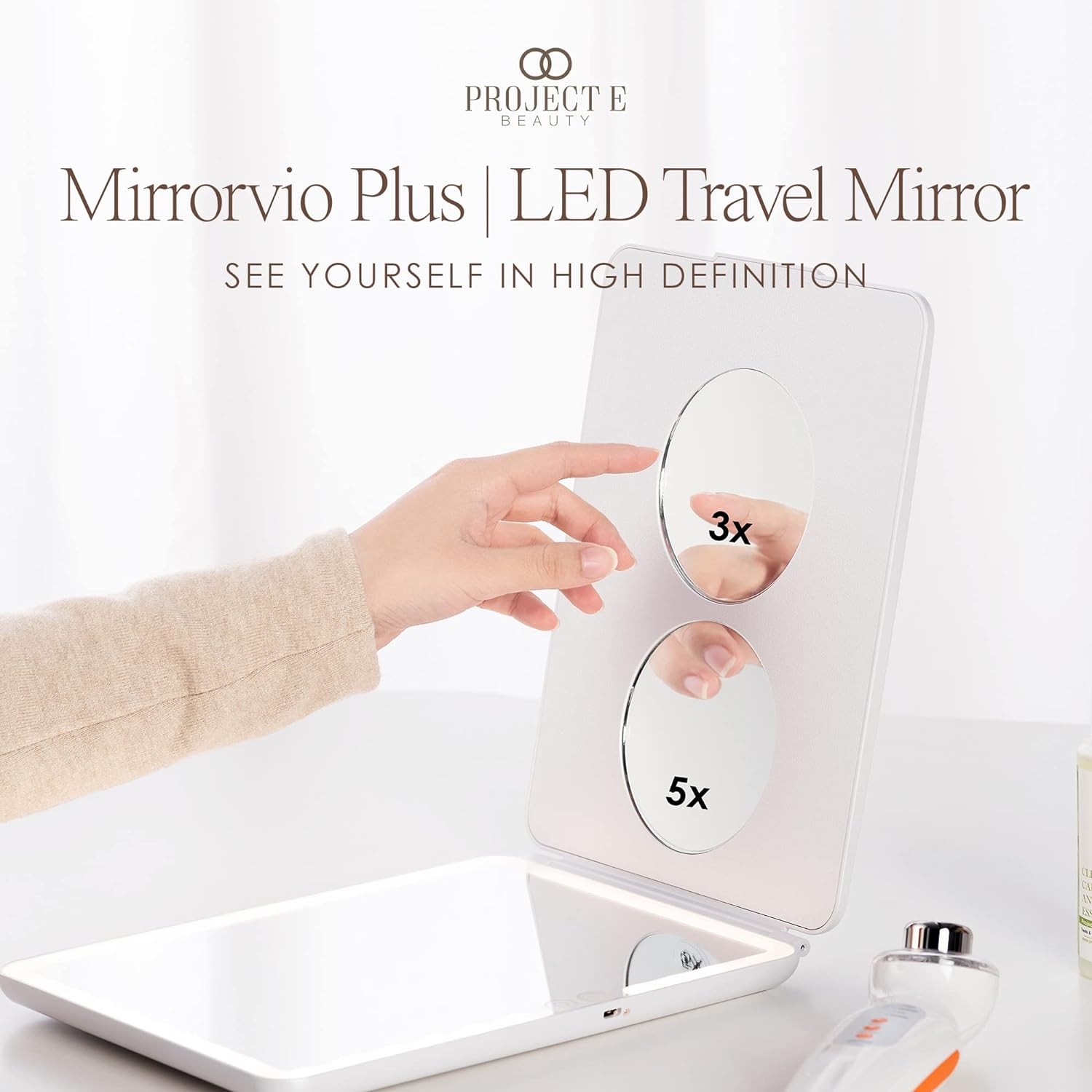 Project E Beauty Mirrorvio plus LED Travel Mirror Lighted Makeup Mirror with 1X 3X 5X Magnification | Rechargeable Vanity Mirror for Desk | 3 Lighting Modes | (1X 3X 5X Magnification) image number 2