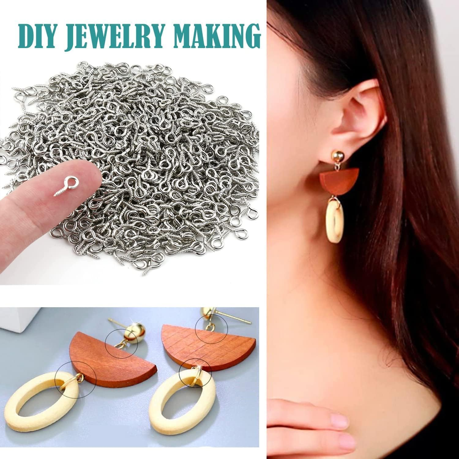 KEWAYO 400Pcs Screw Eye Hooks, Small Screw Eye Pins, for Cork Top Bottles & DIY Jewelry Making Self Tapping Screws Hooks Ring (Silver) image number 2