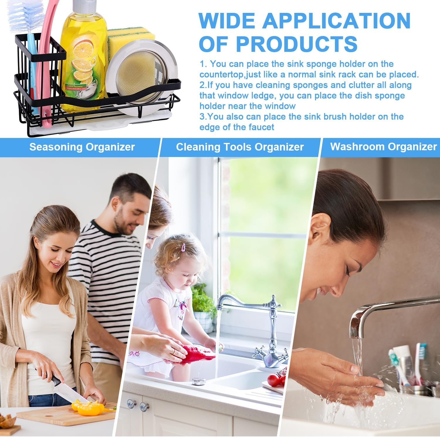 Sponge Holder for Kitchen Sink Organizer，Kitchen Accessories，Kitchen Sink Counter with Detachable Brush Holder & Drain Tray，Kitchen Sink Caddy，Kitchen Organizer，Stainless Steel，Black image number 4