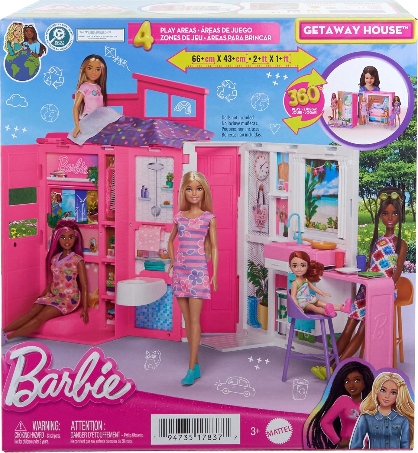Barbie Doll House Playset, Getaway House with 11 Accessories Including 2 Chairs, 4 Play Areas & 360-Degree Play