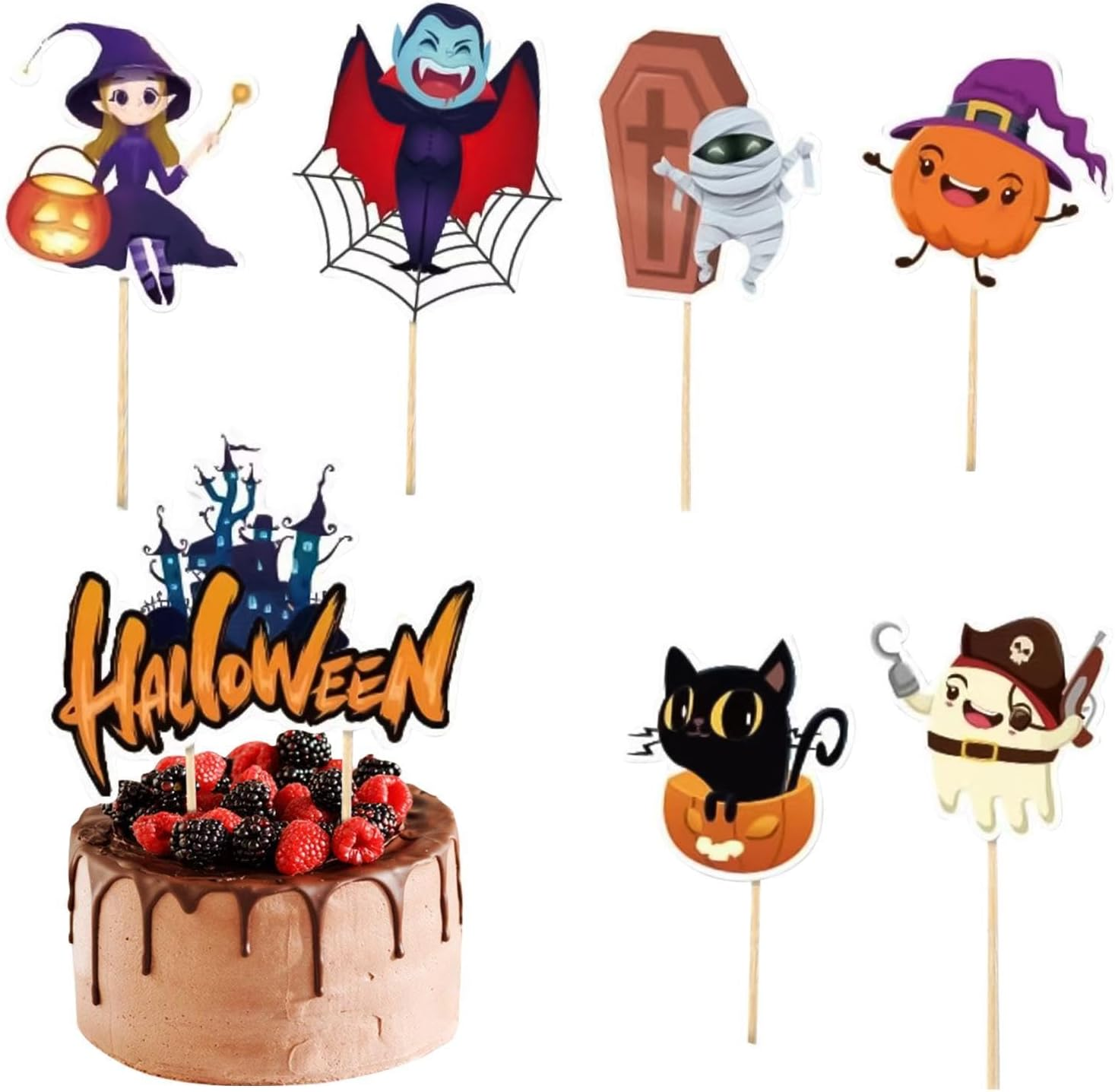 Halloween Dessert Toppers,7X Halloween Theme Cake Decor - Castle, Zombie, Ghost, Witch, Black Cat, Vampire, Pumpkin Fruit Food Cake Topper for Birthday image number 3