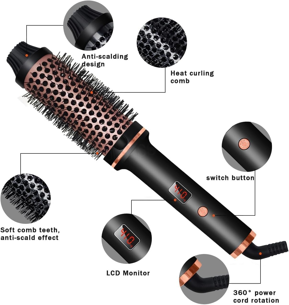Thermal Brush, Curling Iron Brush Volumizing Heated round Ceramic Tourmaline Ionic Comb Dual Voltage Travel Curling Iron, Hairbrushes LCD Display, 10 Temperature Settings image number 4