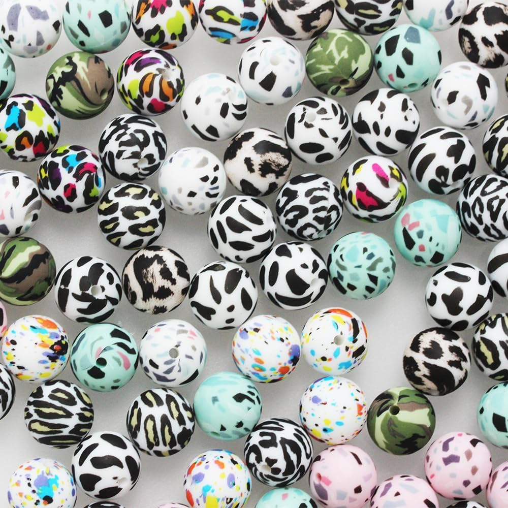 100 Pieces Silicone Beads, Betterjonny 10 Colors Loose Beads with Storage Box 15Mm Cow Leopard Print round Beads for Necklace Bracelet DIY Crafts image number 3