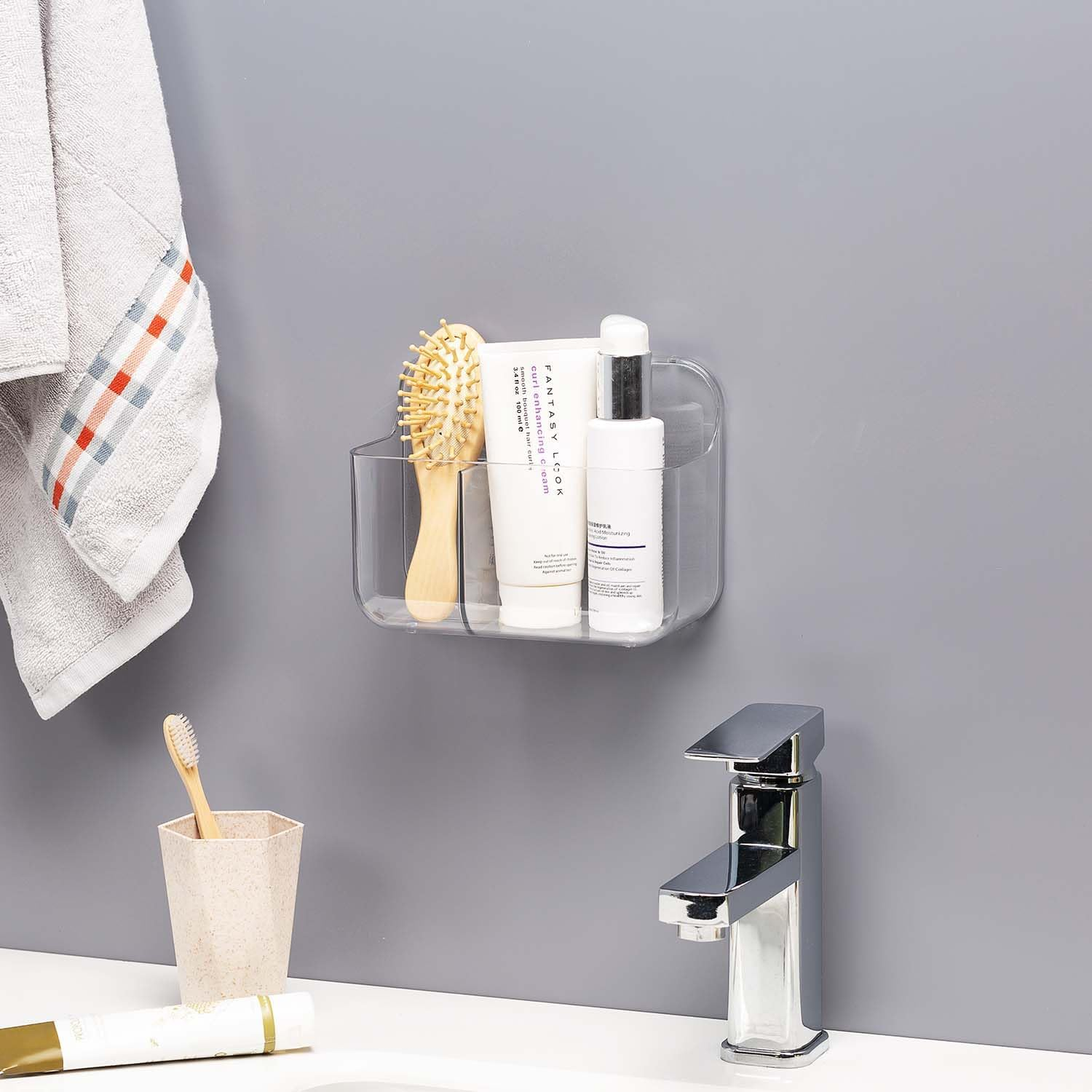 Small Adhesive Acrylic Wall Basket - Waterproof Wall Mount Caddy for inside Cabinet Door Storage - Ideal Kitchen Cabinet Door Organizer image number 3