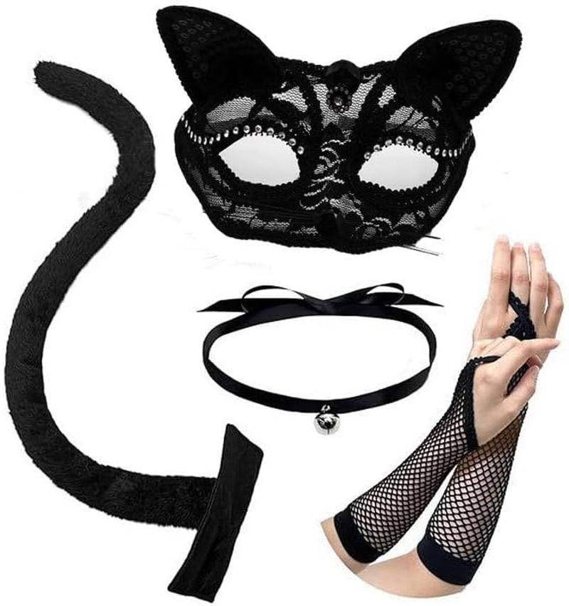 4Pcs Women'S Black Cat Costume Set with Sexy Masquerade Mask Lace Gloves Tail and Bell Necklace Adults Costume Party Cosplay,Cat Mask Bell Choker Lace Fingerless Gloves Set