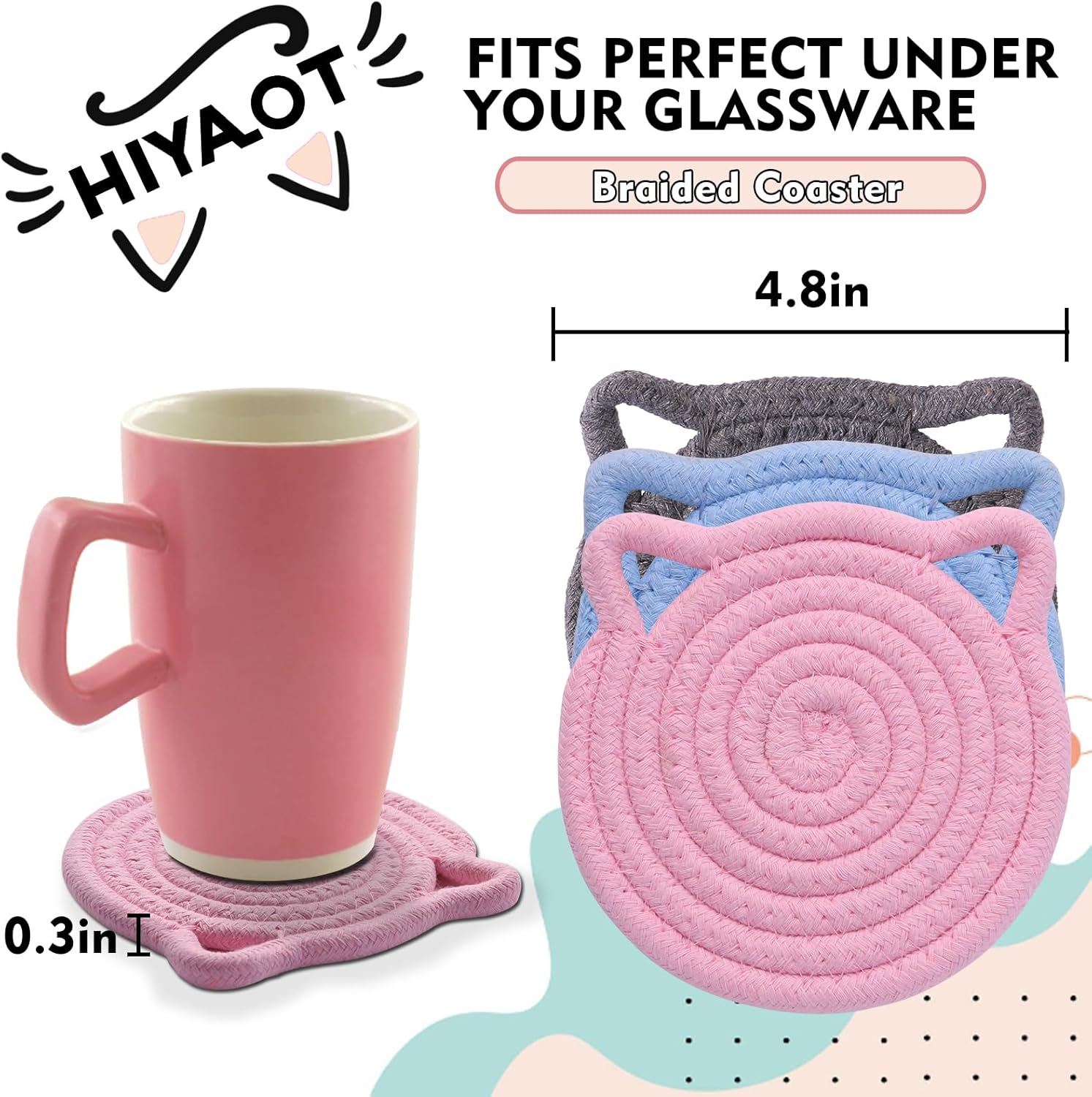 Cute Coasters for Drinks Set of 2 Color, Absorbent Handmade Fabric Drink Coasters for Coffee & Tea -Home D&eacute;cor Extra Large 4.8 In* 8Mm, Protect the Wooden Table Surface (2 Pack-Cat-Blush Pink) - Cat Blush Pink image number 2