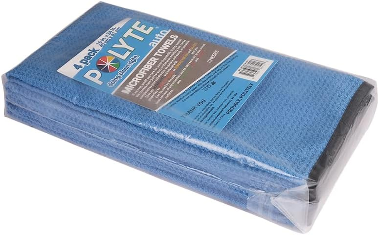 POLYTE Elite Microfiber Drying Towel (16X24, 4 Pack, Waffle, Blue)