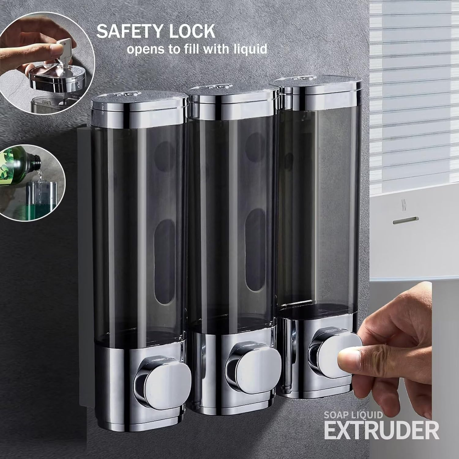 Shower Soap Dispenser 3 Chamber No Drill, Shampoo Dispenser for Shower Wall, Shampoo and Conditioner Dispenser Wall Mounted Set, for Bathroom Hotel (30Oz Electroplated Silver) image number 5