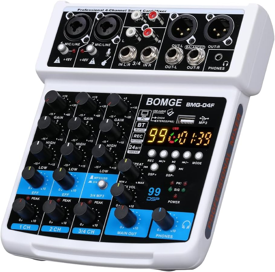 BOMGE 4 Channel Mini DJ Audio Sound Mixer Interface with MP3、 USB, Bluetooth, Stereo Recording, 48V Phantom Power, 24 DSP for Karaoke, Performance, Church Singing 、 Podcas Streaming- White image number 5