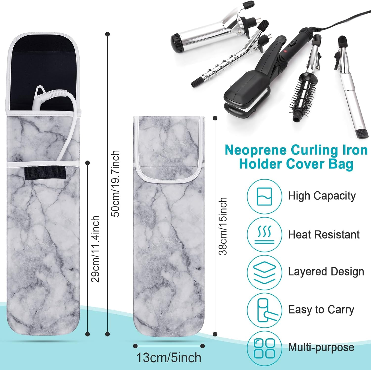 Shappy 2 Pieces Curling Iron Travel Case Cover Heat Resistant Flat Iron Holder Case Sleeve Neoprene Straightener Holder and Silicone Hot Tools Flat Bag(Marble Style)