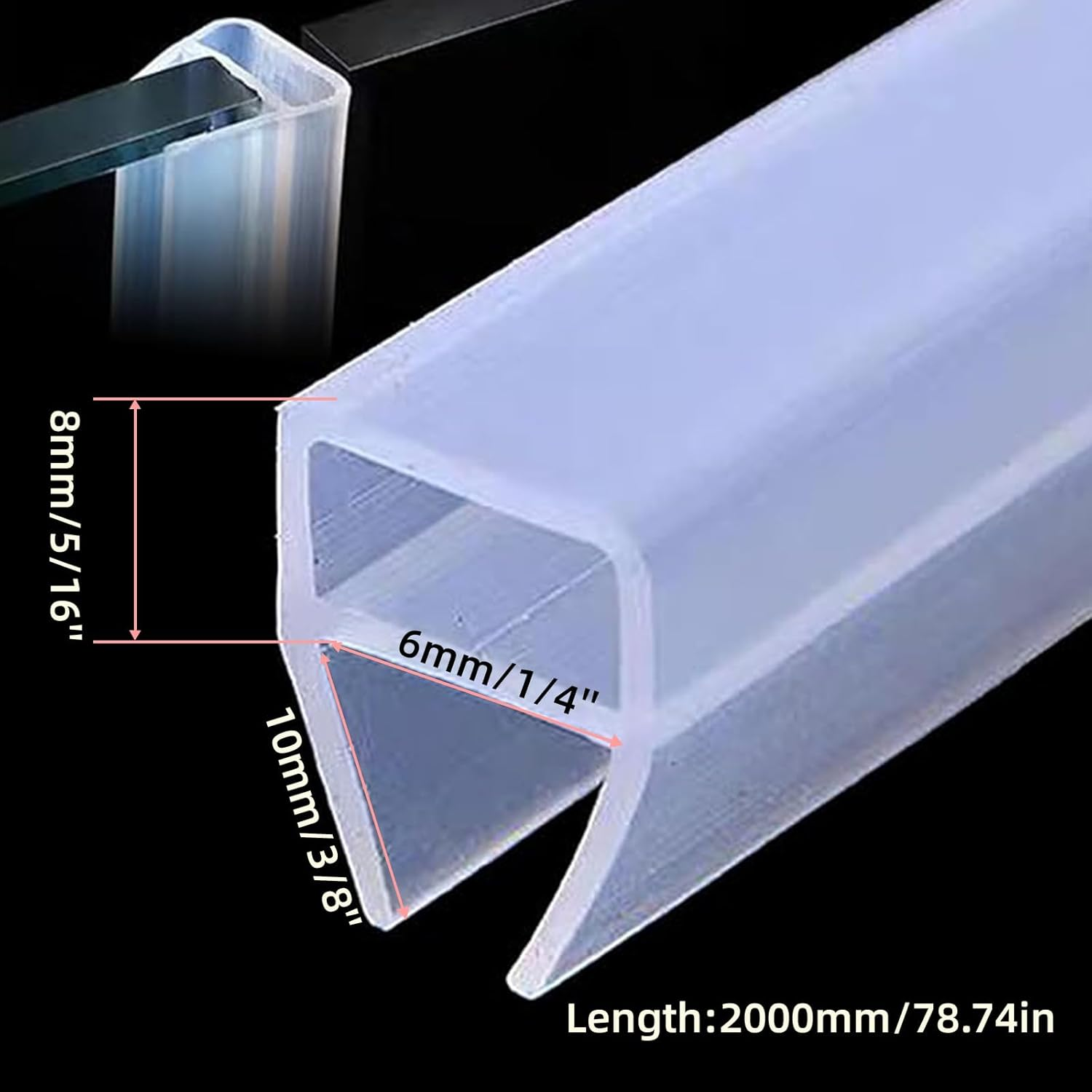 Shower Door Seal Strip, 78.7" Soft Frameless Glass Shower Door Sweep Side Seal to Stop Shower Leaks U Type,Fit for 10Mm (3/8&rdquo;) Glass Door Translucent image number 4