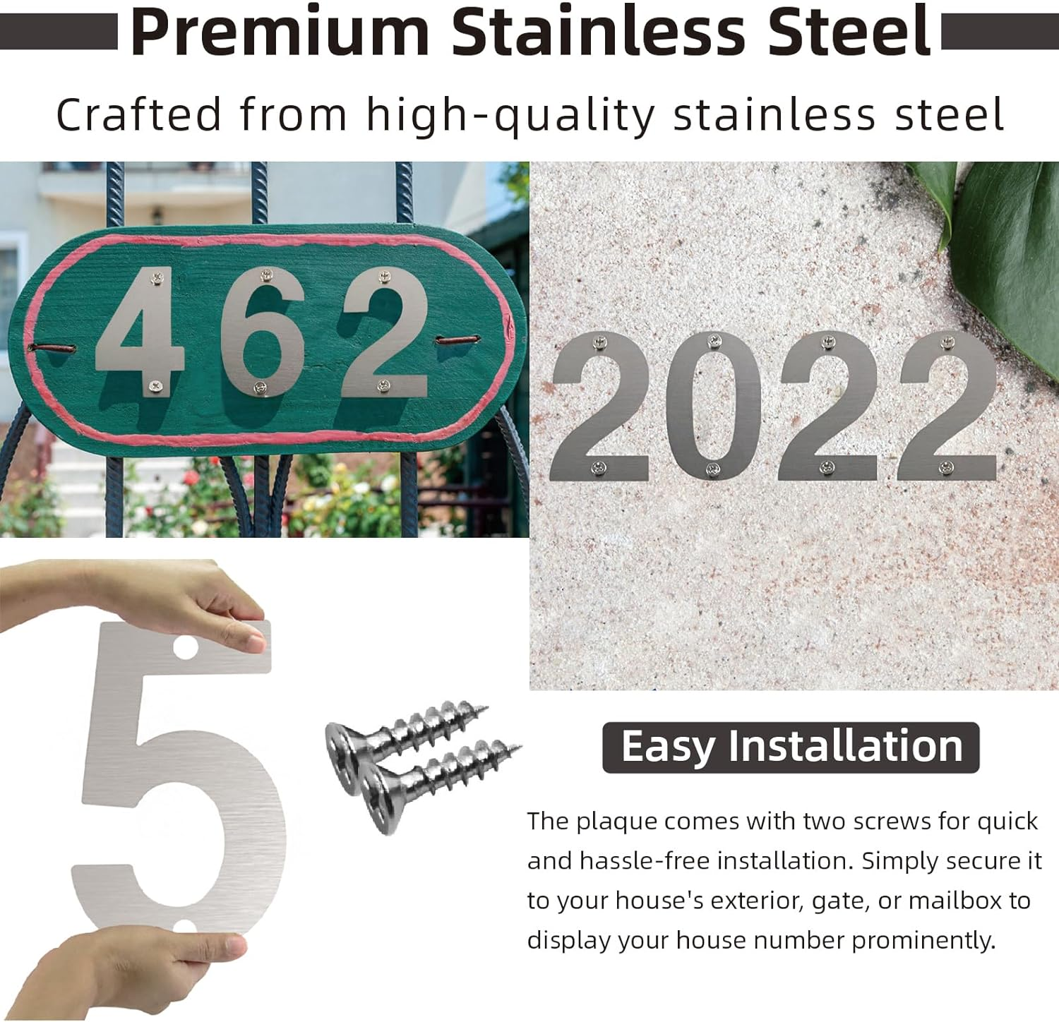 Bay Breeze Stainless Steel House Number Sign, 12Cm, Silver-0, Modern Elegant Style, Wall Mount, Outdoor/Indoor Use - Silver-3 image number 3